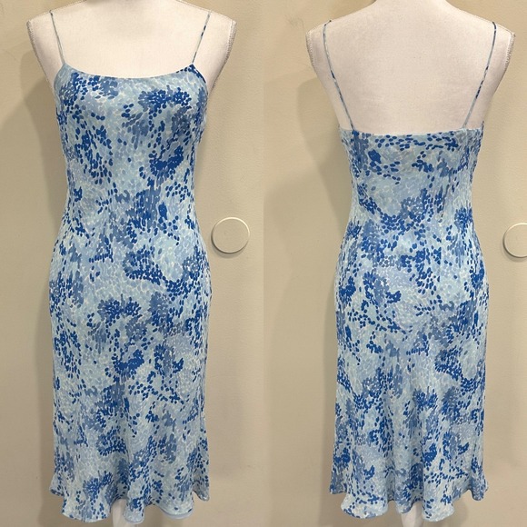 Ann Taylor Dresses & Skirts - VTG 90s Ann Taylor Blue White Abstract Floral Silk Slip Dress Midi Fairy Size 4